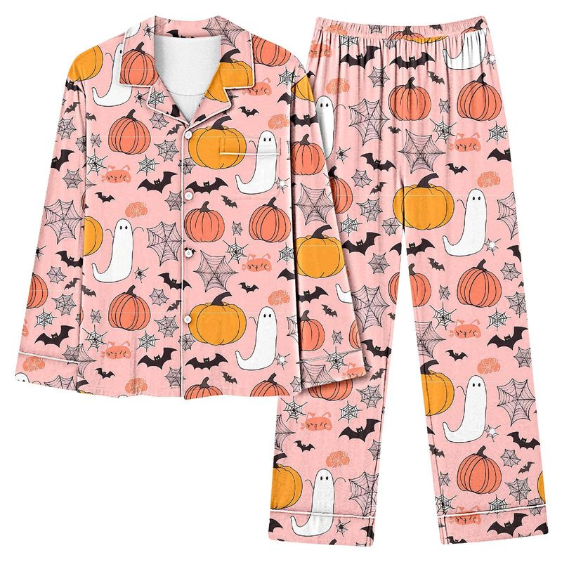 Individuelles Halloween-Pyjama-Set für Damen – Langarm-Button-Down-Oberteil und Lounge-Hose (atmungsaktives Polyester, leicht, XS-4XL, Heim- und Nachtwäsche)_voghion.com