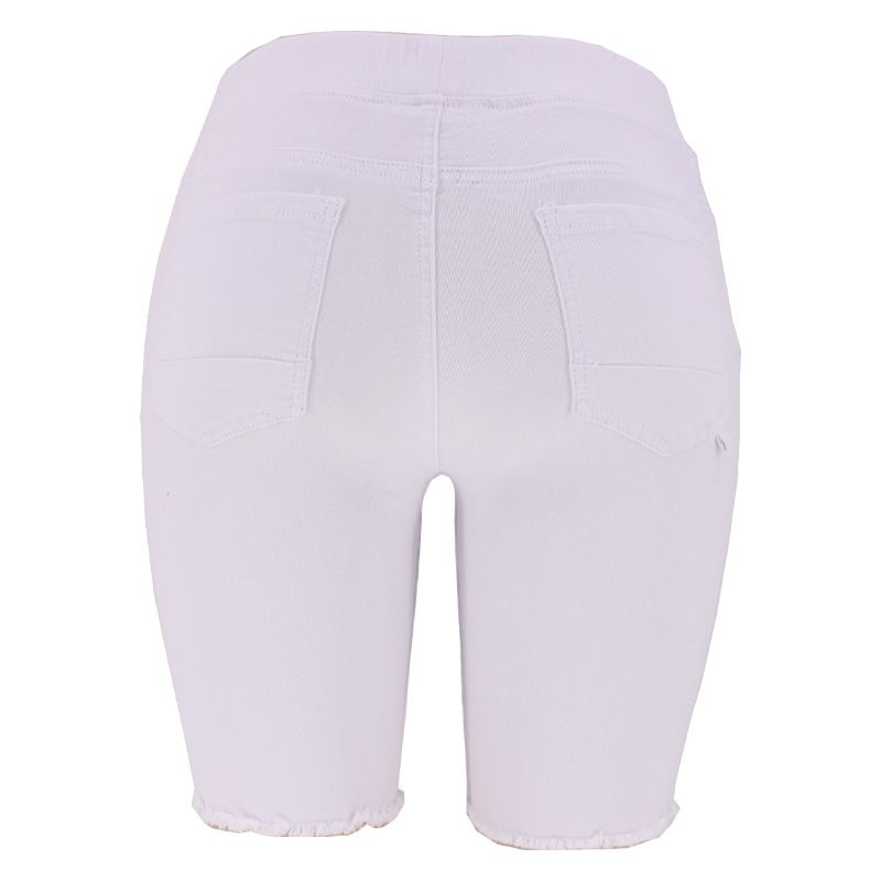 Jeans corti blu lavaggio medio elasticizzati a vita media strappati da donna_voghion.com
