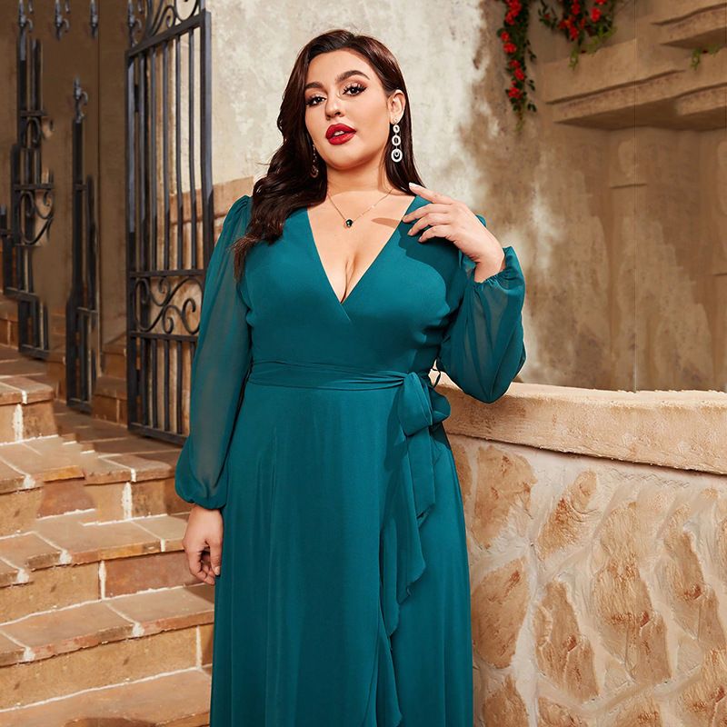 Elegantes, langärmliges Midikleid in Übergröße mit V-Ausschnitt und Volantsaum für Damen, fließendes, formelles Abendkleid aus Chiffon für besondere Anlässe_voghion.com