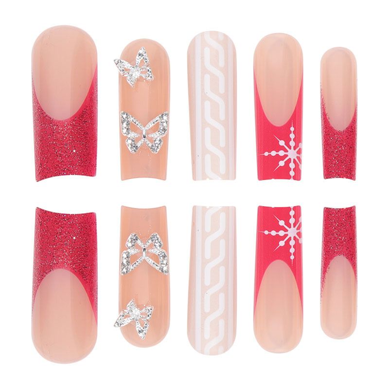 Eleganti unghie finte a farfalla in lega francese rossa con glitter a forma di fiocco di neve – Unghie finte riutilizzabili per donna, facili da applicare, compatibili con colla e gel_voghion.com