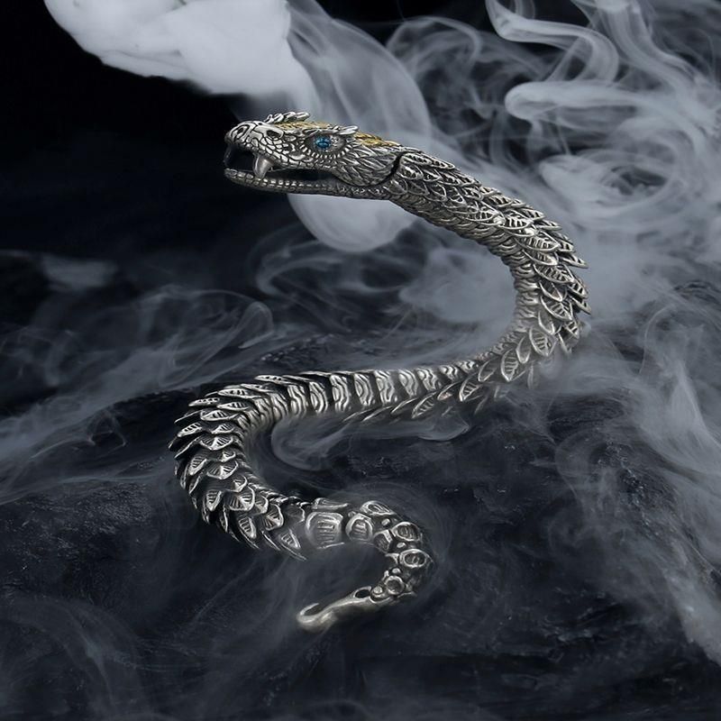 Black Snake Silver-Plated Bracelet For Men, High-End Niche Design, Unique Medusa Rattlesnake Hip-Hop Bold Style_voghion.com