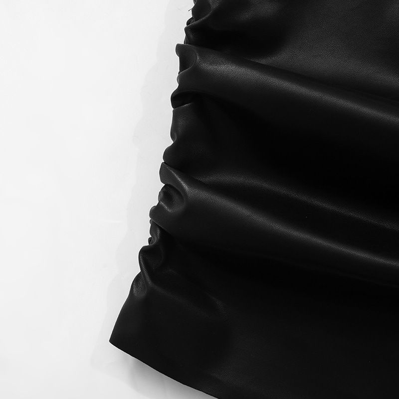 Y24TP647 Women's Autumn/Winter Twisted Strap Off Shoulder Leather Folded Short Open Umbilical Top T-shirt_voghion.com