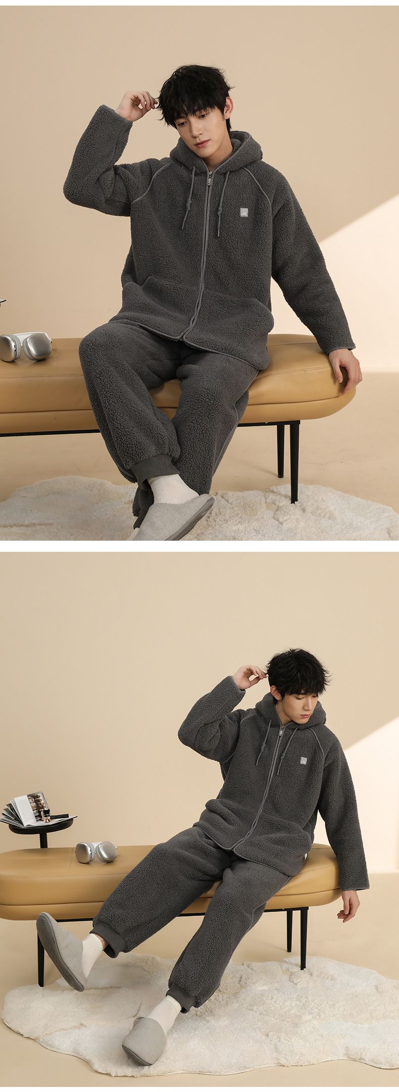 "Fleece pyjamaset voor koppels - Ultrawarme winternachtkleding voor mannen en vrouwen - Gezellige loungewear met capuchon en dikke pluche stof_voghion.com