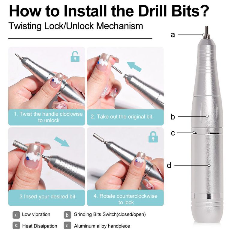Professionell 45000U/min Elektresch Portable Buermaschinn nofëllbar Geräischerarm Neelschleiffeil fir Maniküre Salon Tool_voghion.com