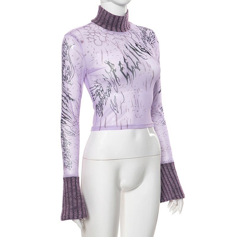 Q23TP750 2024 Top corto con ombligo expuesto y retazos de malla con estampado de patrón para mujer, nuevo estilo de Instagram_voghion.com