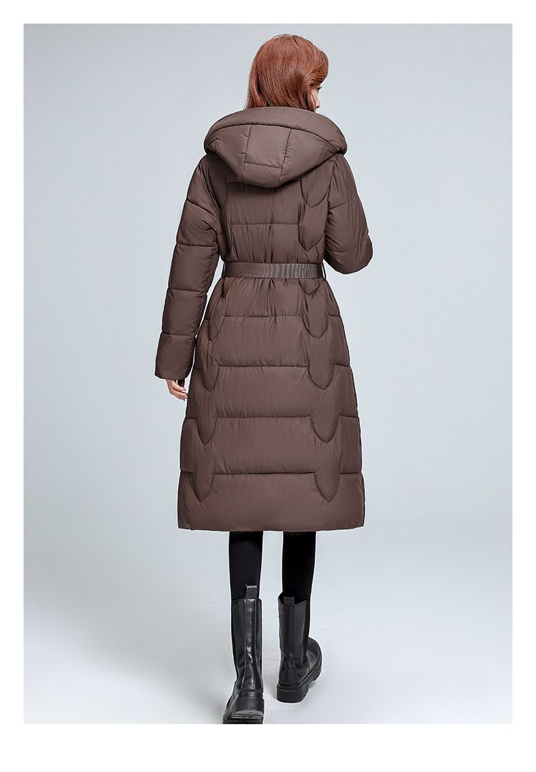 Roupas femininas Casaco longo de plumas com cinto, corte slim, jaqueta quente de inverno com capuz, agasalho casual (disponível em bege, preto, cáqui, marrom)_voghion.com