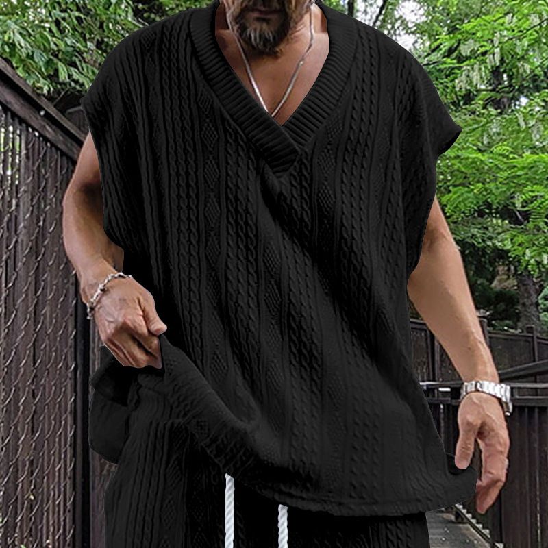Gilet en tricot jacquard ample à col en V pour hommes, nouvelle collection d'été, surdimensionné et décontracté_voghion.com