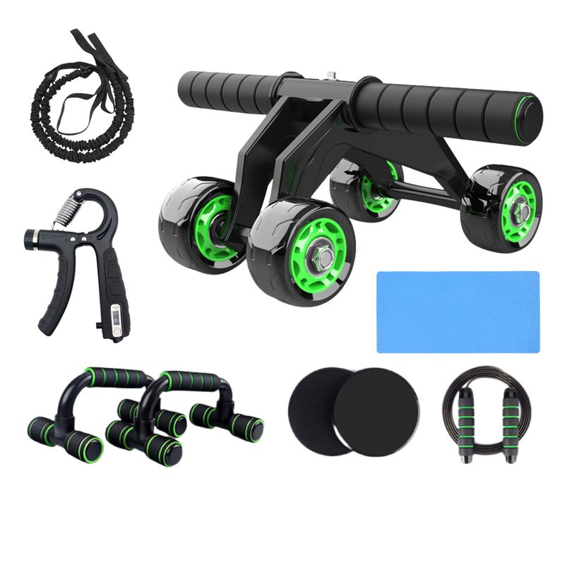 4-Rad-Lautloses Bauchrad, 7-teiliges Set, Hilfstraining, Springseil, Gleitscheibe, Liegestütz, Fitness-Kombination_voghion.com
