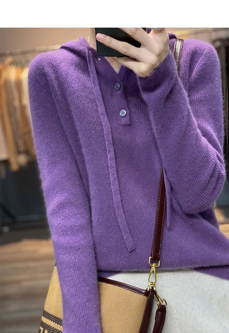 【 Cashmere Family 】 Korean version loose short wool base sweater women's hooded sweatshirt thick knit inner layer_voghion.com
