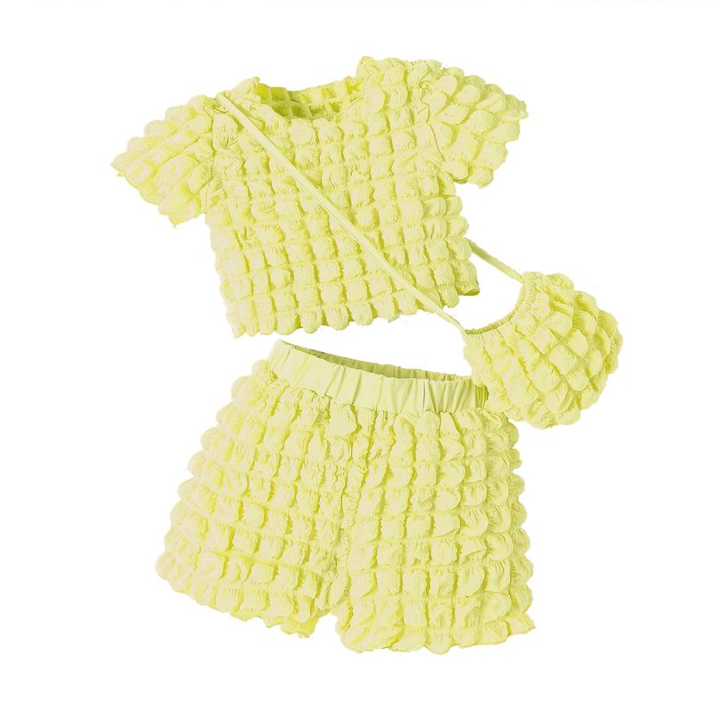 Ensemble d'été pour enfants, haut à manches courtes + short + sac à carreaux à bulles solides, couleur bonbon, ensemble pour filles_voghion.com