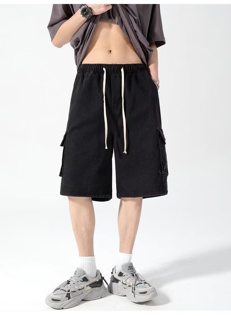 Cargo-Jeansshorts, lockere, gerade Hose für Herren im Sommer, trendiger Marken-Elastikbund, lässige Cropped-Hose in großen Größen_voghion.com