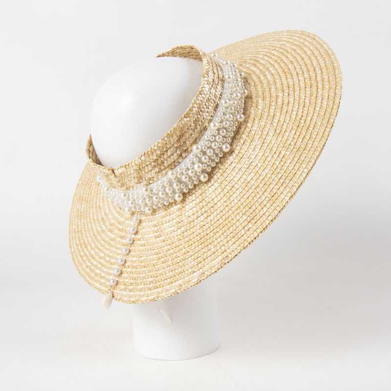 Mode Vrouwen Zon Brede Rand Geen Top Reis Strand Hoed Parels Band Vizier Zomer Hoeden_voghion.com