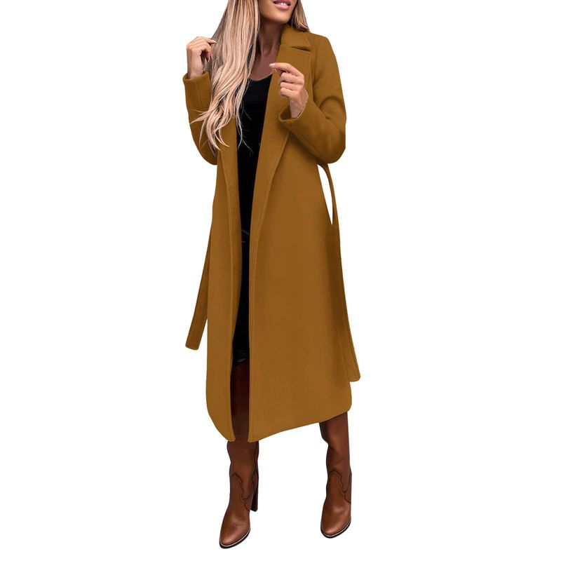 Elegant Long Sleeve Belted Wool Coat For Women – Timeless Trench Style With Notched Lapel, Versatile Pure Color Outerwear For Autumn & Winter_voghion.com