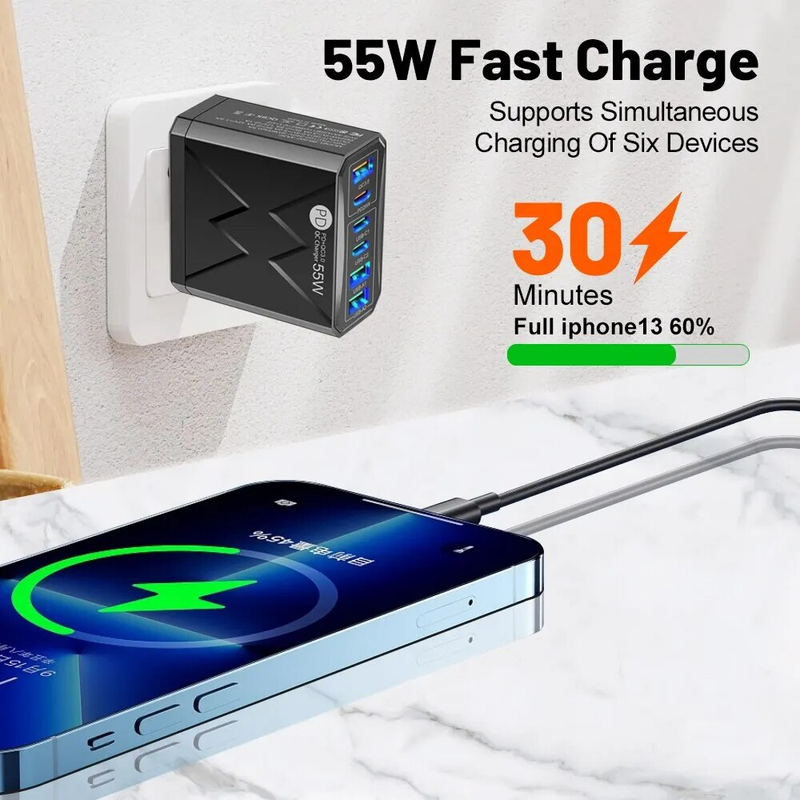 6 in 1 55W PD USB Schnellladung Quick Charge 3.0 Reiseladegerät für iPhone Samsung Huawei Xiaomi Handy_voghion.com