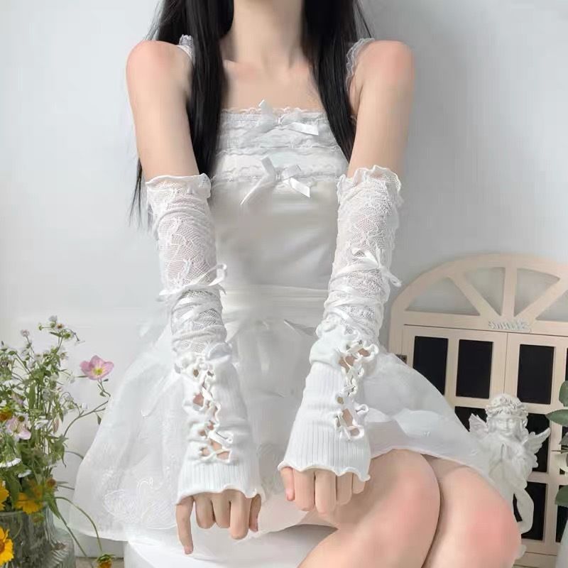 Guantes finos de verano con cordones estilo ballet Lolita, con mangas de encaje blanco, estilo Spice Girls, para mujer_voghion.com