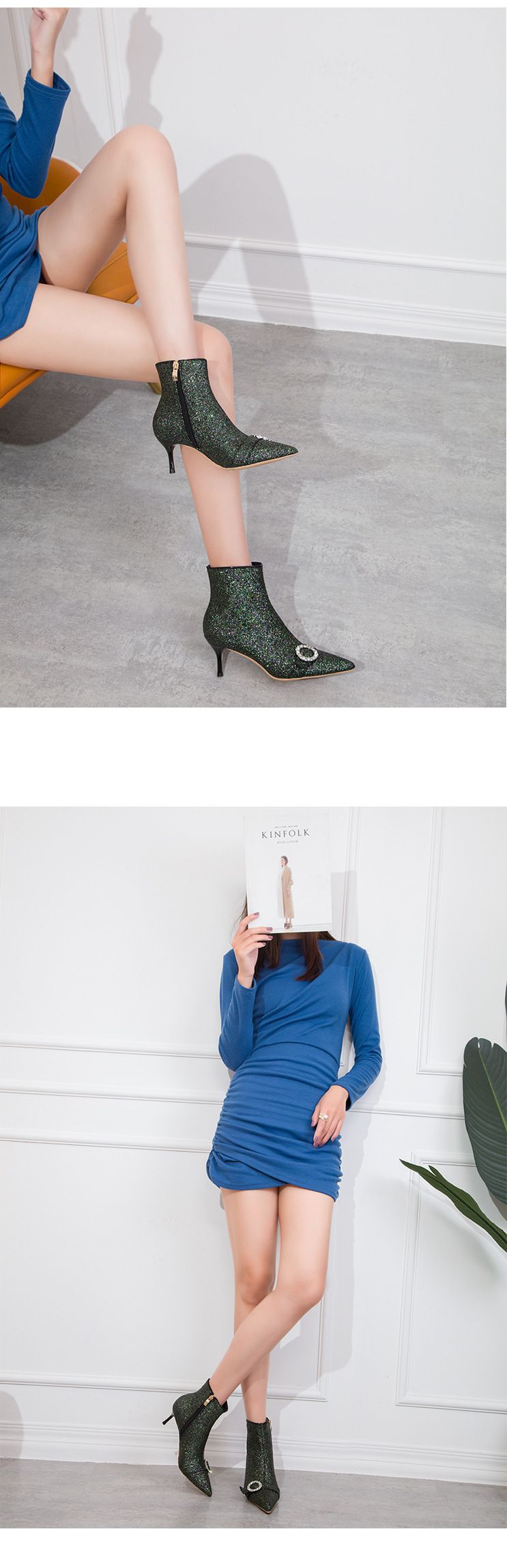 188-3 Sfilata di moda coreana, stivaletti corti sottili e sexy con tacco alto e punta a punta, in peluche e diamanti d'acqua lucenti_voghion.com