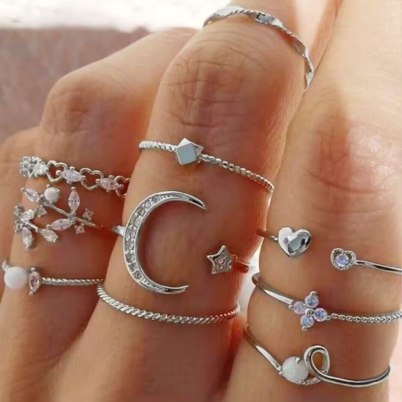 Ensemble de bagues ouvertes en forme de cœur et de papillon, serties de diamants, style Niche, avec motif étoile et lune empilables_voghion.com