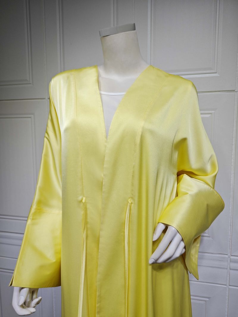 Femei musulmane halat de baie rochie de seară satinată moale cu deschidere frontală halat Abaya culoare solidă_voghion.com