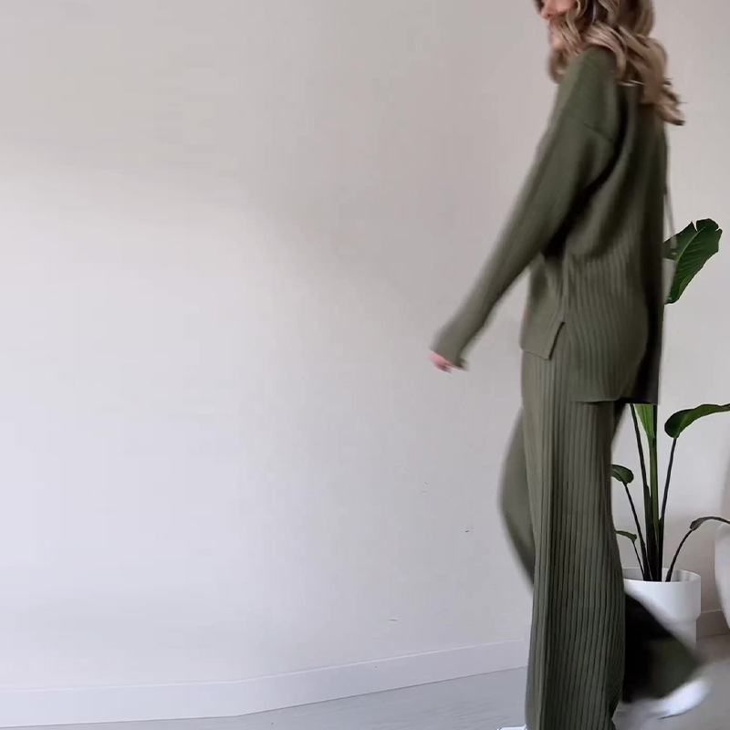 Haut à col haut décontracté de couleur unie pour femmes, tailleur pantalon à jambes larges_voghion.com