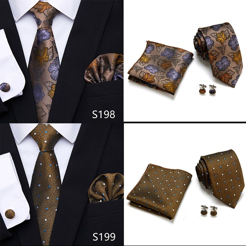 Jacquard Nuovo Design Festivo Regalo Cravatta Fazzoletto Gemelli Set Cravatta Uomo Plaid Camicia Gialla Accessori_voghion.com