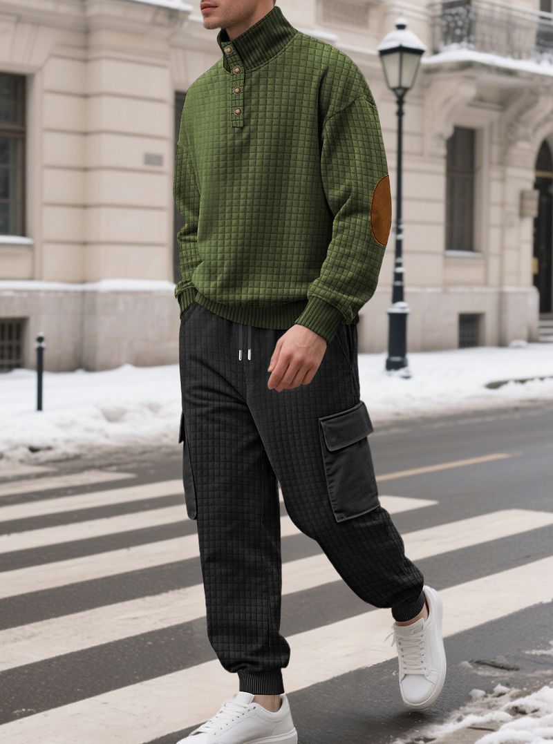 Conjunto de sudadera con capucha y joggers de punto a cuadros para hombre: 2 piezas, estilo informal de negocios, 100 % poliéster, resistente a las arrugas y transpirable._voghion.com
