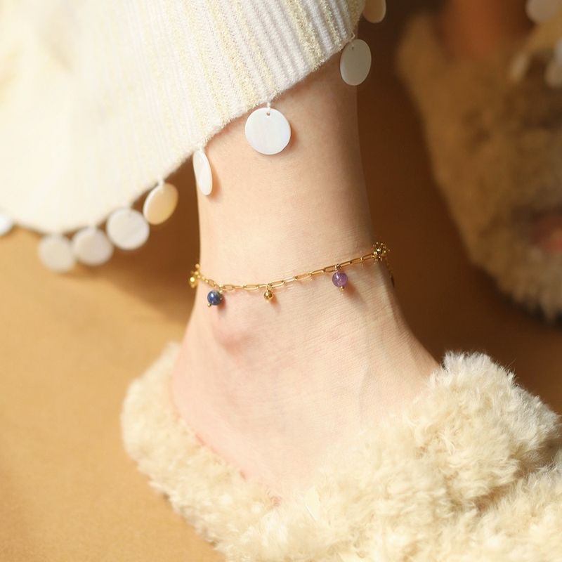 Bohemian Natural Lapis Lazuli Amethyst Five Elements Colorful Gold Bead Bracelet Anklet Titanium Steel Plated SL117_voghion.com
