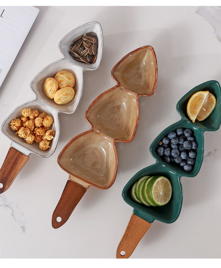 Keramikschüssel-Set mit Bambusgriff, ästhetische Servierschalen für Nüsse, Snacks, Desserts, handgefertigte Vorspeisenteller aus Keramik in Handelsqualität_voghion.com