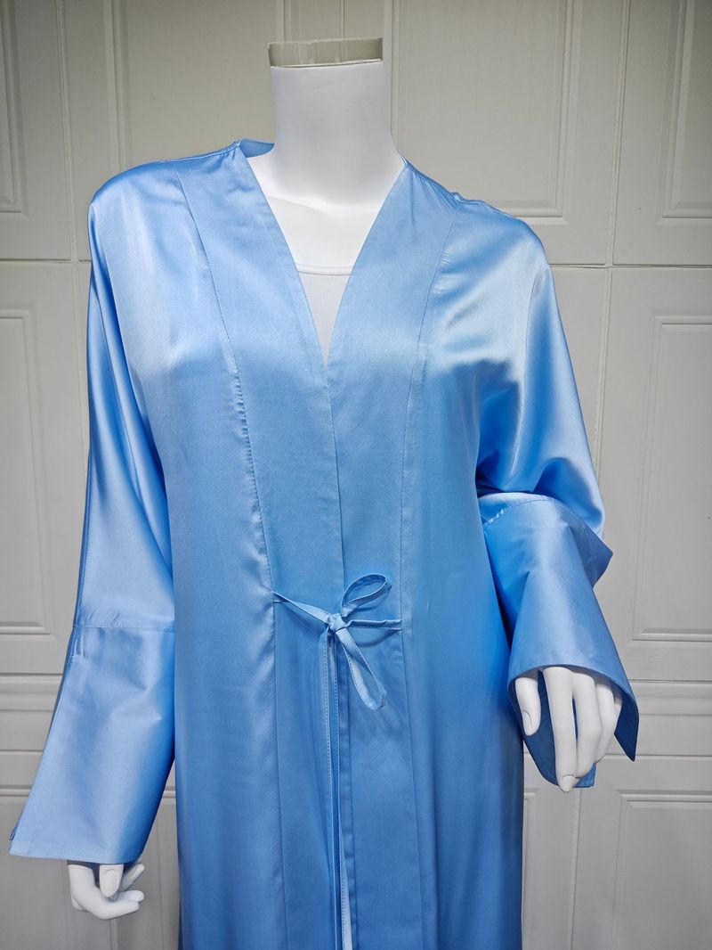Femei musulmane halat de baie rochie de seară satinată moale cu deschidere frontală halat Abaya culoare solidă_voghion.com