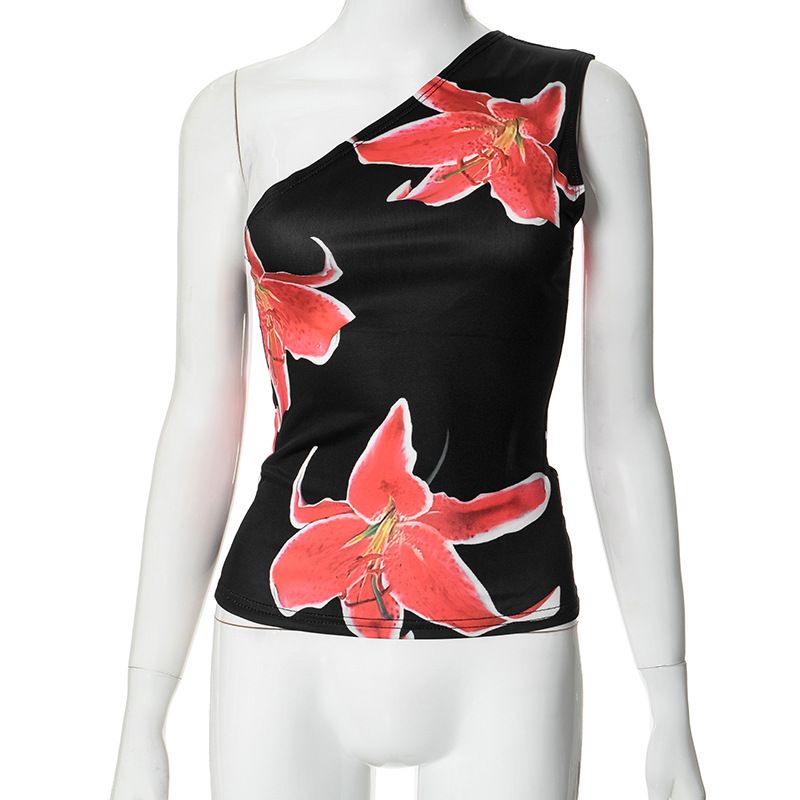 E24TP016 Women's 2025 Summer New Style Slant Shoulder Printed Casual Versatile Top T-shirt_voghion.com