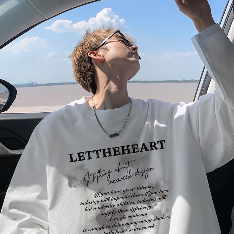 Maglietta a maniche lunghe in puro cotone stile americano da uomo, felpa ampia di grandi dimensioni, strato interno bianco, base da uomo_voghion.com