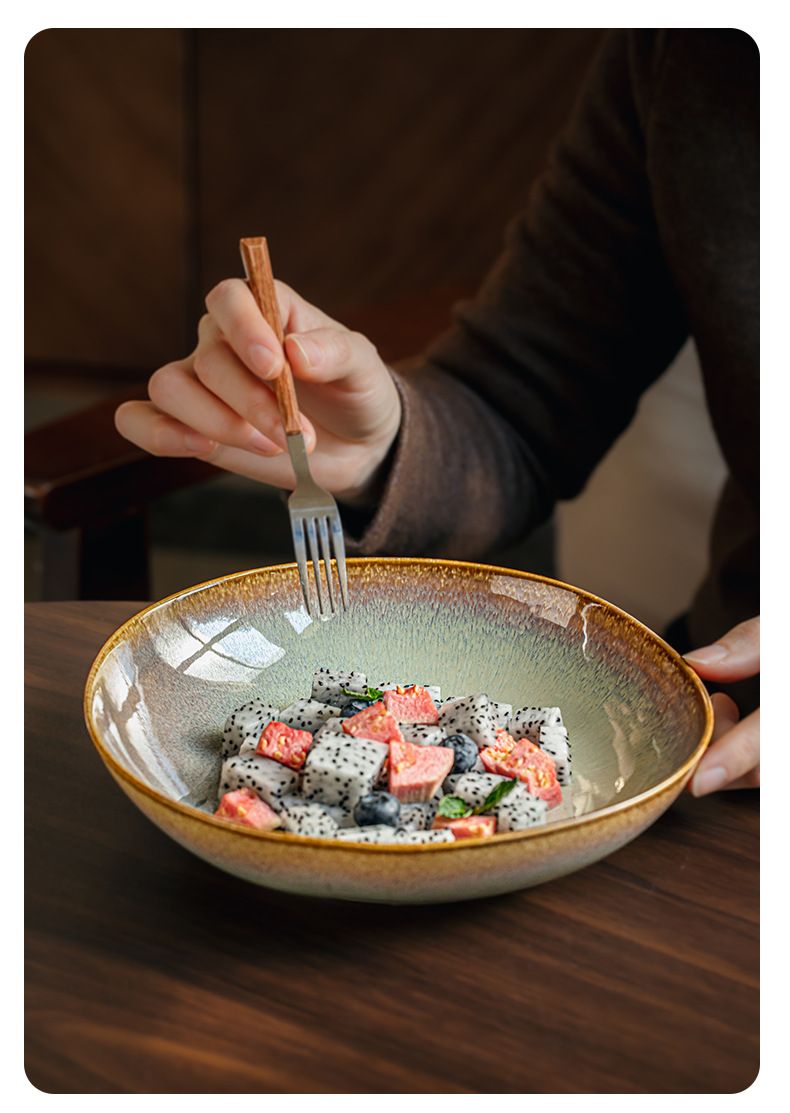 Flame Glaze Ceramic Plate - 8 Inch Deep Dish With Unique Shape (Pasta & Salad Serving For Restaurant & Home Use)_voghion.com