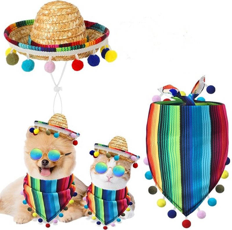Pet Cat Straw Hat Hairball Bib 2-Piece Set Striped Colorful Triangle Scarf_voghion.com