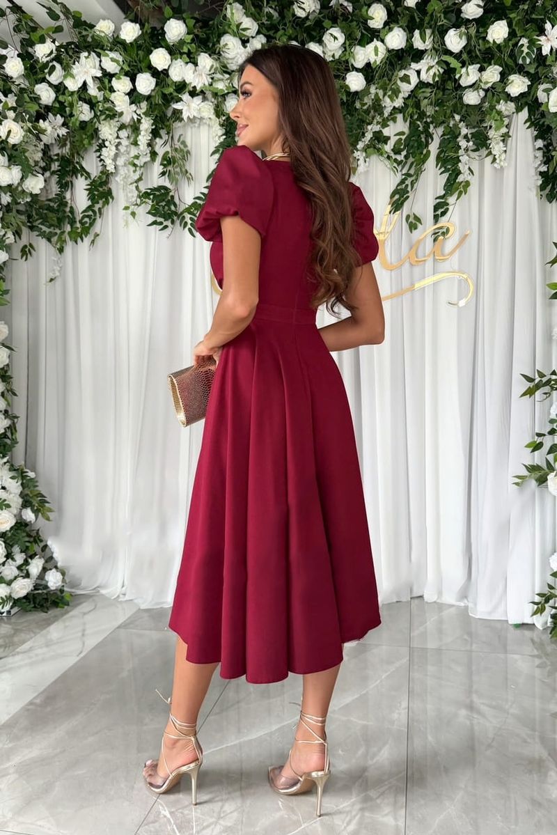 Rochie de damă nouă pentru navetiști, culoare solidă, cu decolteu în V, talie înaltă, mâneci bufante, lungă și scurtă, model leagăn_voghion.com