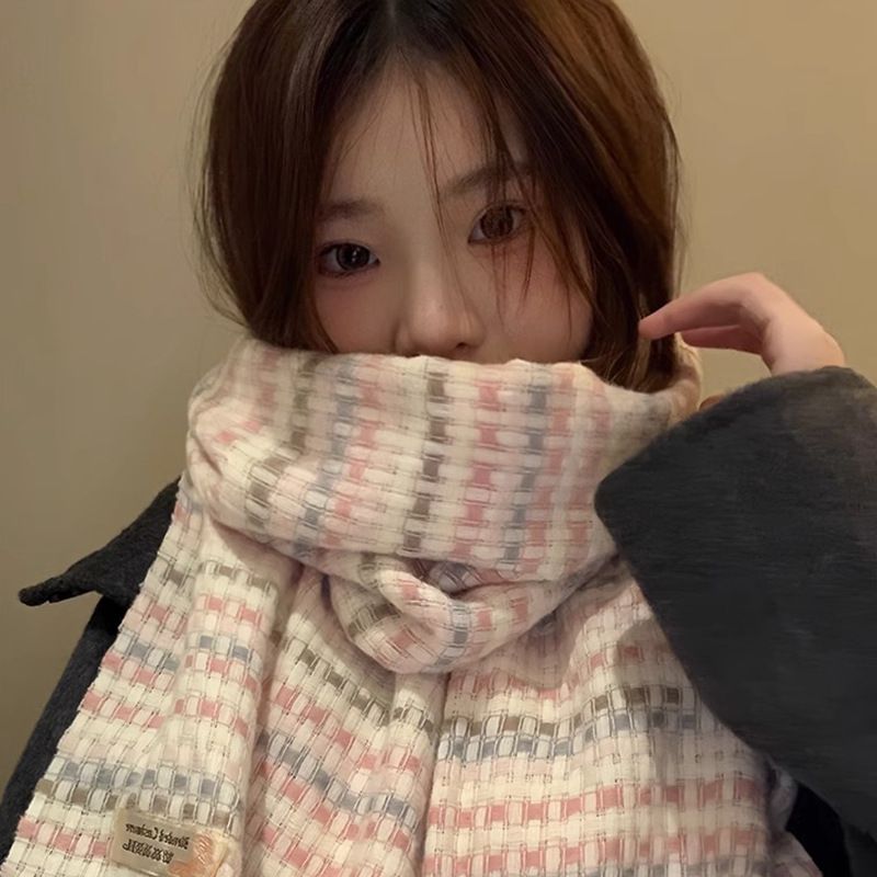 Sciarpa calda al collo in stile coreano versatile, stile coreano, nuova sciarpa scozzese rosa per ragazze dolci, autunno inverno 2024_voghion.com