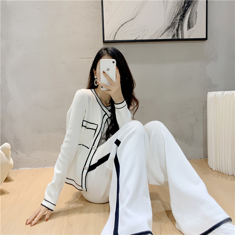 Women's fashion professional suit age-reducing temperament knit cardigan style wide leg pants two-piece set_voghion.com