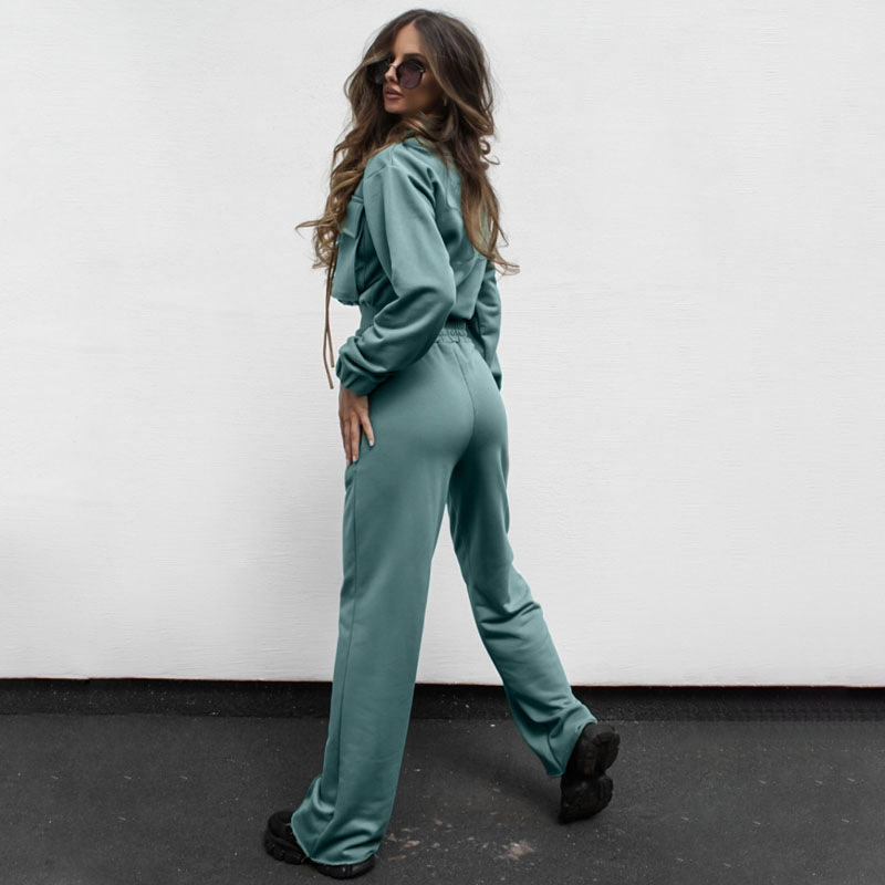 Women's solid color zipper double bag drawstring long sleeve shirt fashion casual long pantsuit_voghion.com