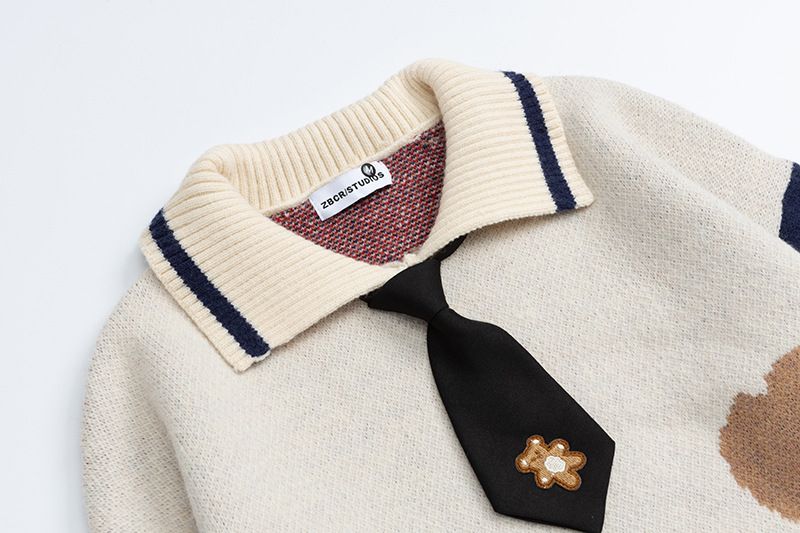 Pull col rond motif ours américain pour homme et femme, tricot ample à blocs de couleurs pour l'automne, style décontracté_voghion.com