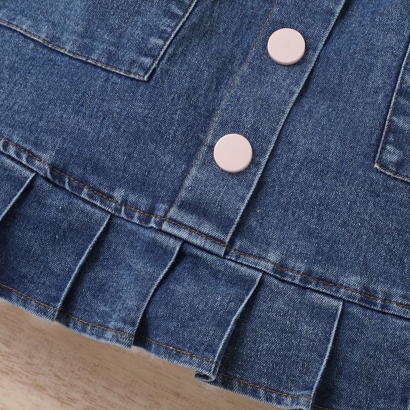 Mutter & Kinder Kinderkleidung Mädchen Einfarbiger Pullover Langarmoberteil Denim Offene Tasche Faltenrock Multi Schnalle Gürtelanzug_voghion.com