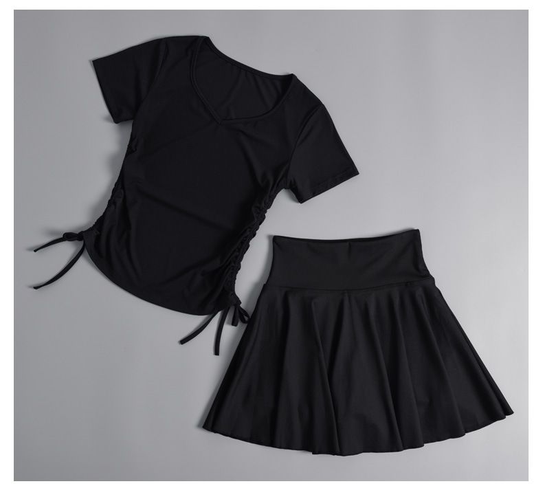 Ropa de yoga, camiseta de manga corta para mujer, top adelgazante con cordón, ropa de entrenamiento de pilates, ropa de fitness, falda plisada_voghion.com