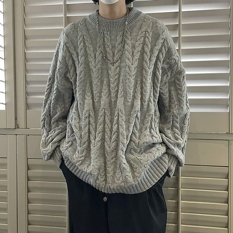 Men's Round Neck Knitting Coat Men's Design Fried Dough Twists Loose Lazy Sweater_voghion.com