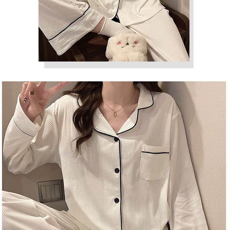 Fashion Pajamas Women's Spring and Autumn Long Sleeve Simple and Generous Solid Color Casual Pajamas Suit Japanese and Korean Style Fresh Home Clothes_voghion.com