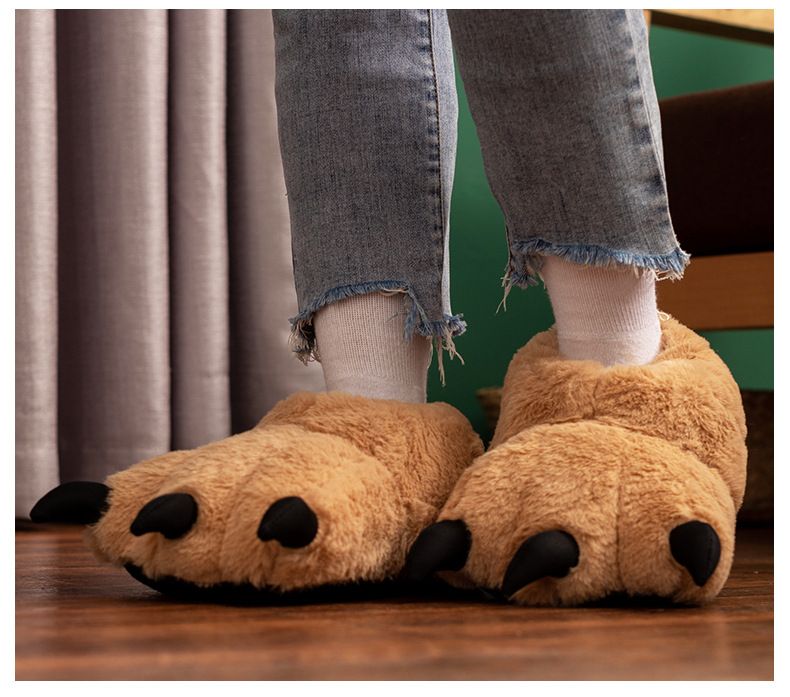 Cartoon Bärentatze Plüsch Baumwolle Schuhe große Füße Winter Hausschuhe süße Katze Krallen Weihnachten zu Hause warme Absätze_voghion.com