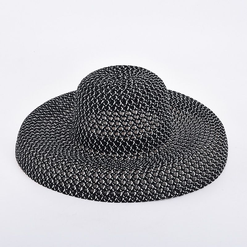 Vendita calda Vendita calda Cappello estivo da sole estivo a tesa larga in paglia PP bianco e nero con protezione solare per le vacanze al mare e sulla spiaggia_voghion.com