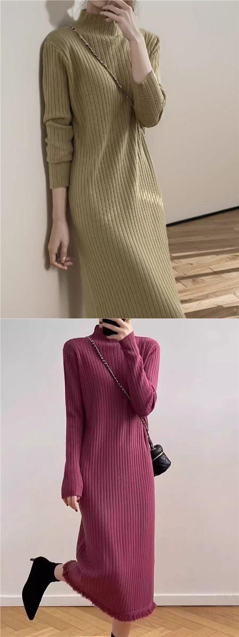 Damenpulloverkleid mit Fransen, langärmlig, über dem Knie, gestrickt, mittellang, lockere Wollunterschicht_voghion.com