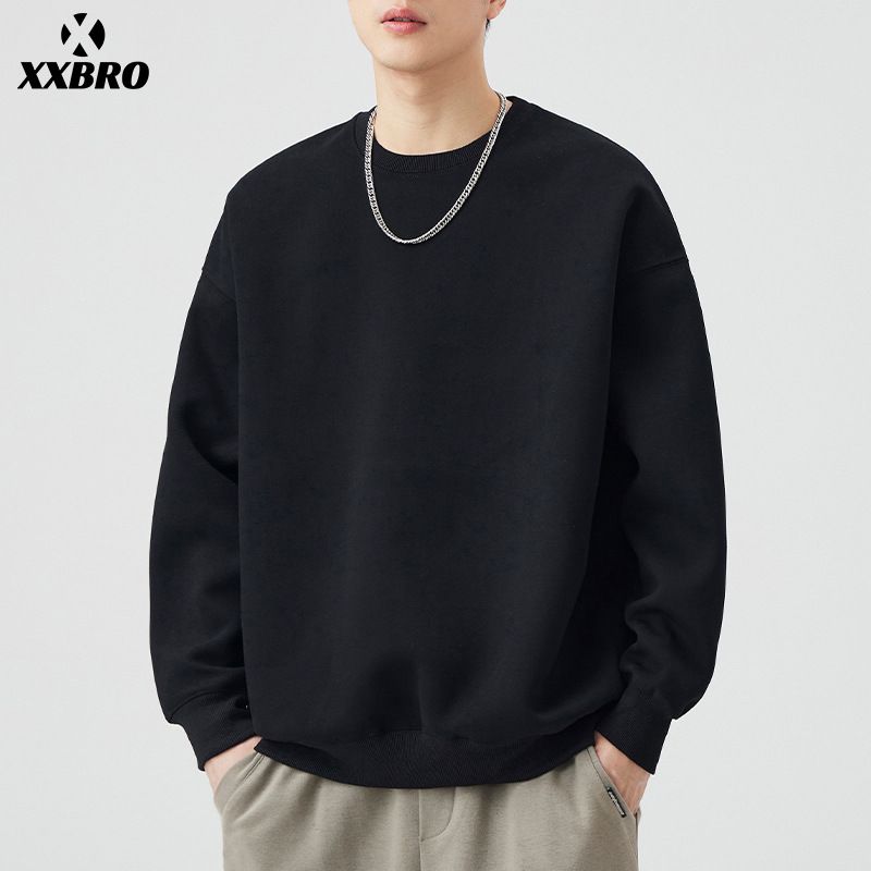 xxbro Felpa girocollo con fodera in pile, semplice, versatile, da uomo, autunno inverno, nuova tendenza, maglietta casual ampia_voghion.com