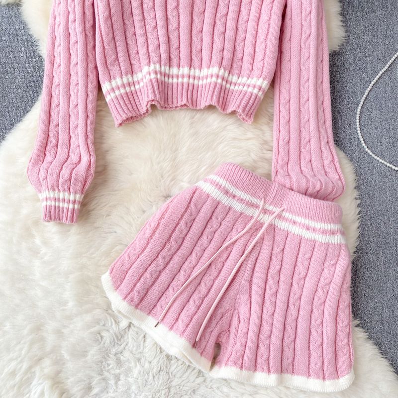 Women's Clothing Autumn and winter lazy style loose lapel striped sweater + high waist slim wide leg shorts knitted suit_voghion.com