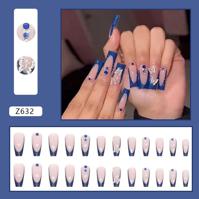 Unghie lunghe da balletto, brillantini, argento francese, farfalla blu zaffiro, punte per unghie indossabili, prodotto finito_voghion.com