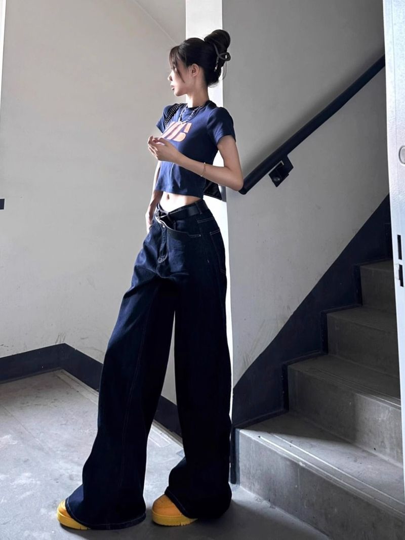 180 cm große, extra lange, dunkelblaue Jeans für Damen, hohe Taille, lockere Passform, drapiert, vielseitige, bodenlange Hose mit weitem Bein_voghion.com