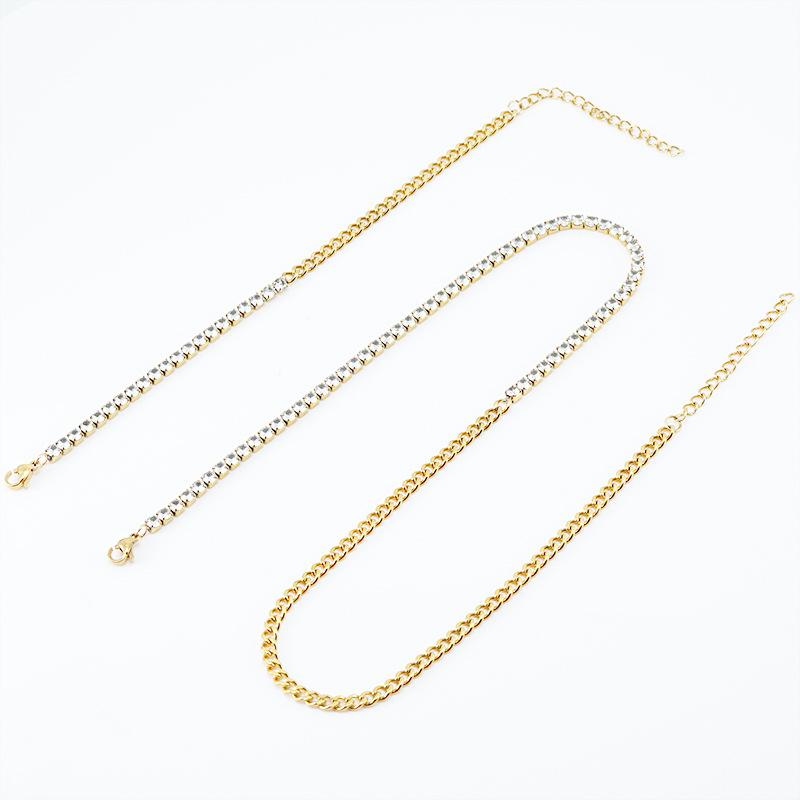 Pulseira de aço inoxidável com diamantes incrustados em cubano para mulheres, versátil, fashion, colar com corrente acabada_voghion.com