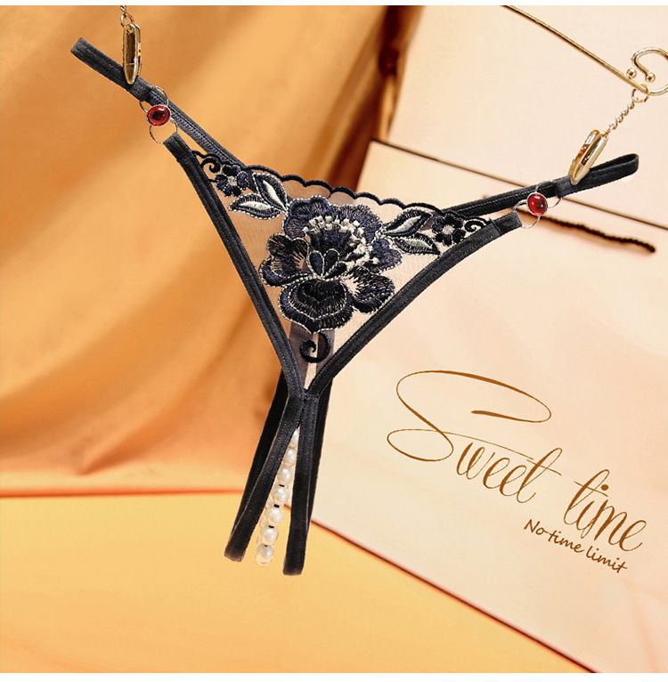 Svart stil förföriska diamantaccessoarer stringtrosa kvinnors genomskinliga broderade pärlor öppen gren gratis sexiga underkläder 2270_voghion.com